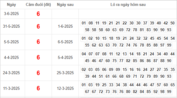 Bảng kết quả câm đuôi 6 hôm sau ra lô gì?